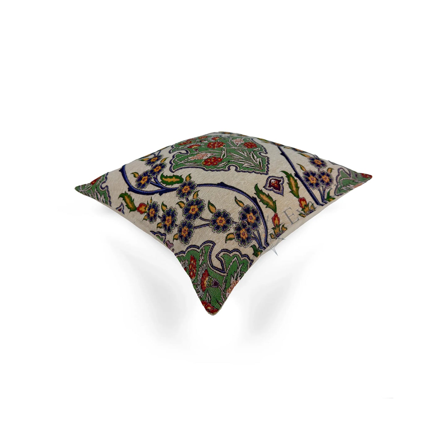 Evalier Emerald Garden pillow cover – top angled view, decorative pillow emphasizing rich tones and dimensional shape (45 × 45 cm / 18 × 18 in)