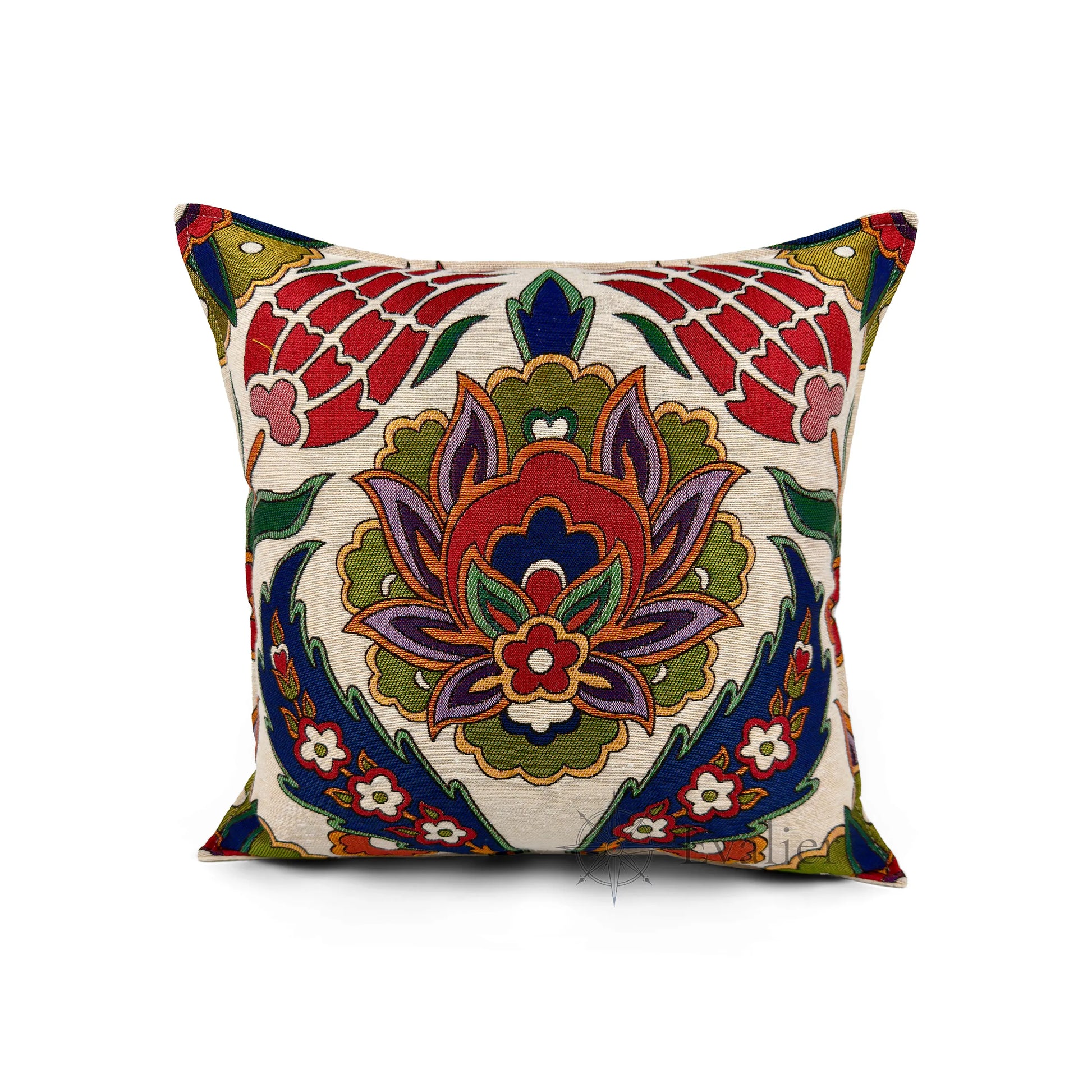 Evalier Regal Bloom pillow cover – front view, luxury gobelin tapestry cushion cover featuring ornate floral medallion design for sophisticated home decor (45 × 45 cm / 18 × 18 in)