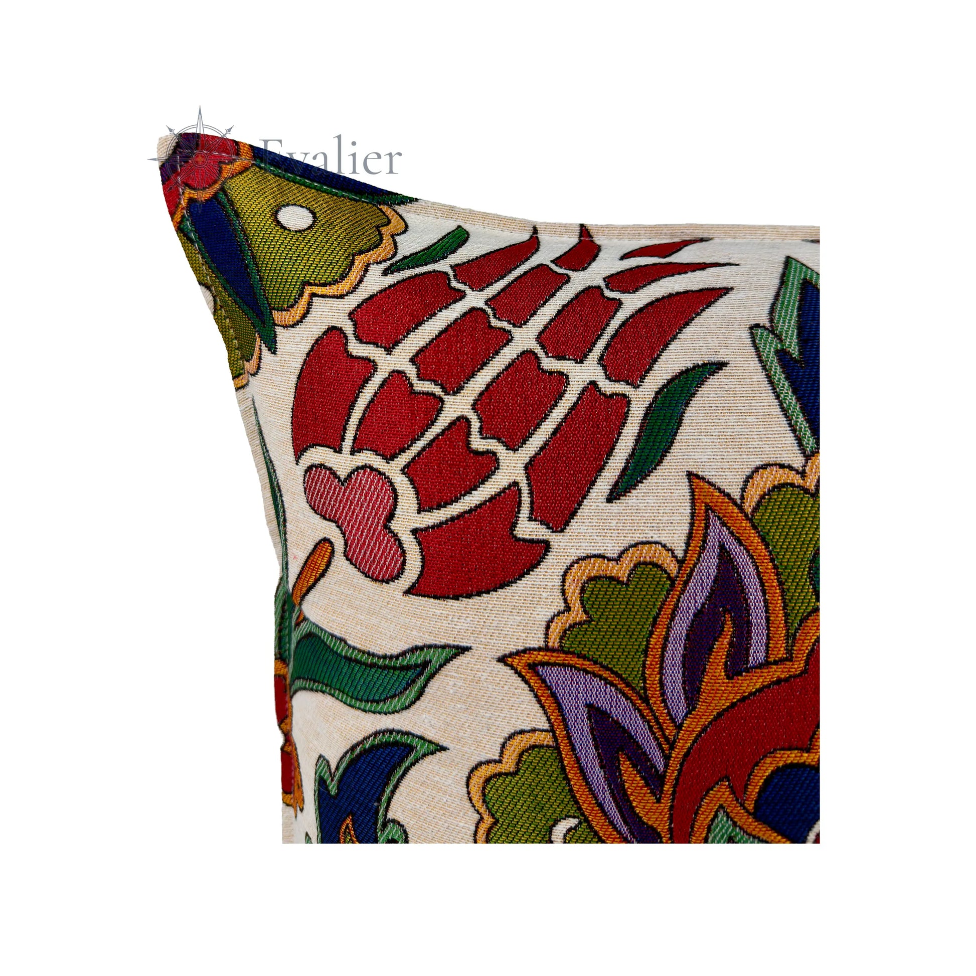 Evalier Regal Bloom pillow cover – close-up detail, gobelin fabric showing fine woven texture and detailed floral craftsmanship (45 × 45 cm / 18 × 18 in)