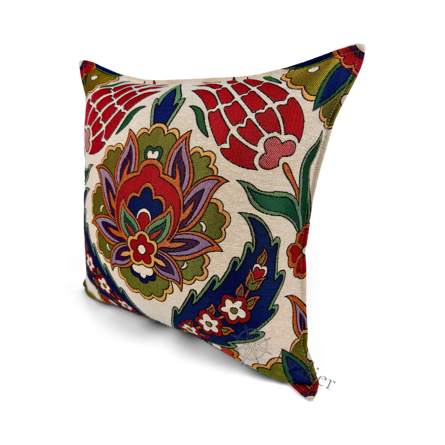 Evalier Regal Bloom pillow cover – angled front view, premium woven decorative pillow highlighting refined floral symmetry and elegant detailing (45 × 45 cm / 18 × 18 in)