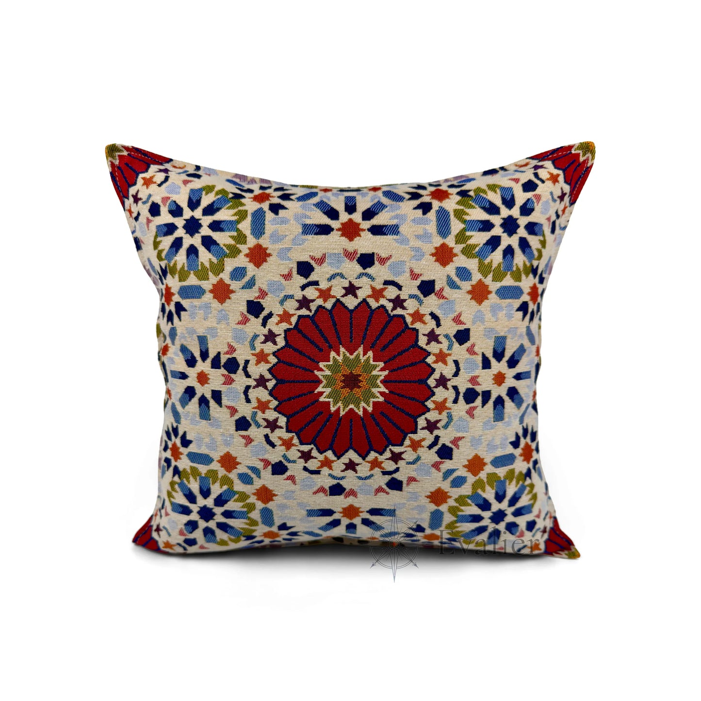 Evalier Crimson Mosaic pillow cover – front view, luxury gobelin tapestry cushion cover featuring bold geometric mosaic pattern in deep crimson tones (45 × 45 cm / 18 × 18 in)