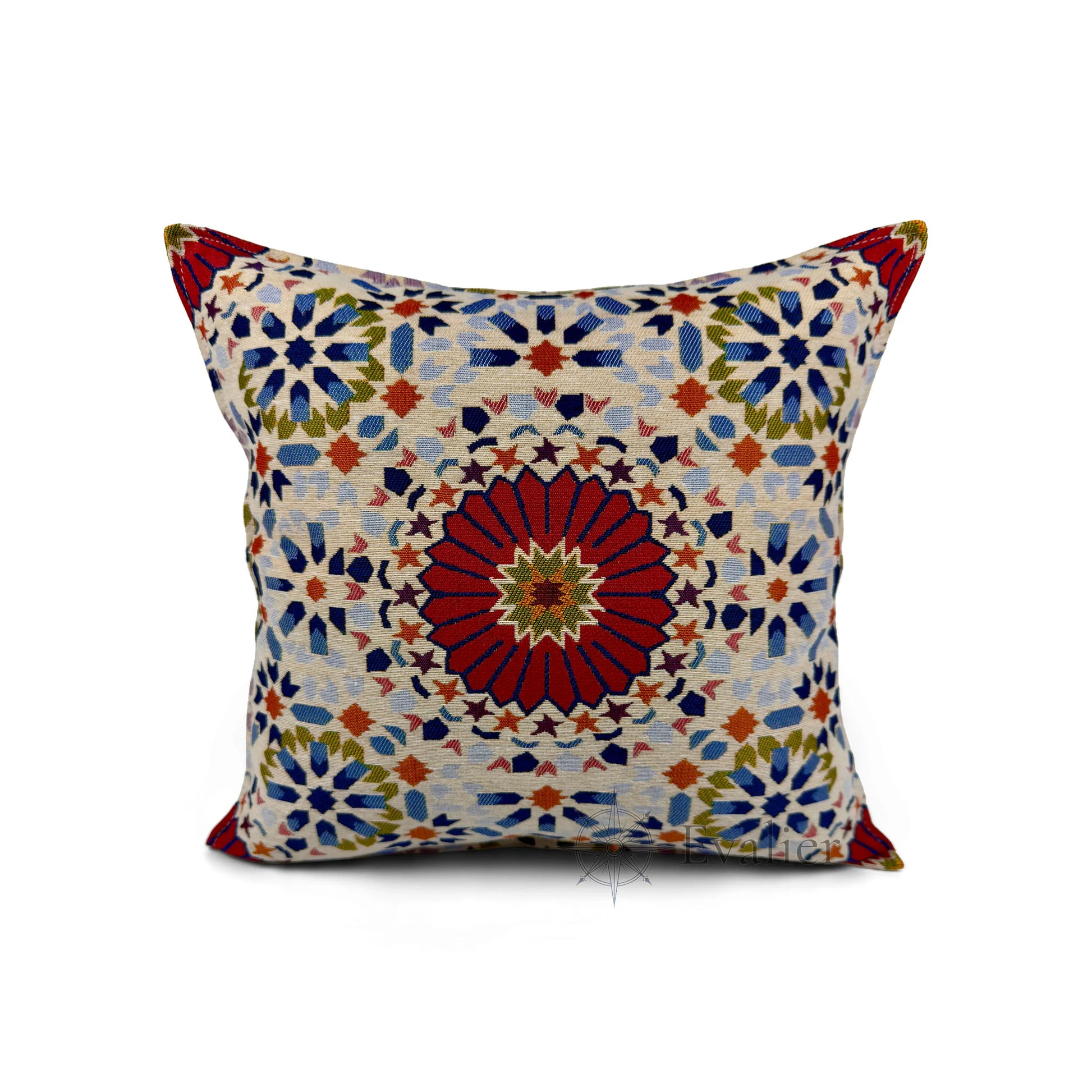 Evalier Crimson Mosaic pillow cover – front view, luxury gobelin tapestry cushion cover featuring bold geometric mosaic pattern in deep crimson tones (45 × 45 cm / 18 × 18 in)