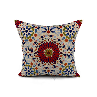 Evalier Crimson Mosaic pillow cover – front view, luxury gobelin tapestry cushion cover featuring bold geometric mosaic pattern in deep crimson tones (45 × 45 cm / 18 × 18 in)