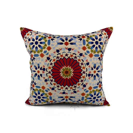 Evalier Crimson Mosaic pillow cover – front view, luxury gobelin tapestry cushion cover featuring bold geometric mosaic pattern in deep crimson tones (45 × 45 cm / 18 × 18 in)