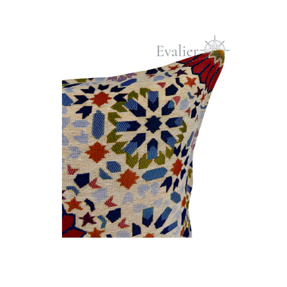Evalier Crimson Mosaic pillow cover – close-up detail, gobelin weave showcasing fine geometric detailing and texture precision (45 × 45 cm / 18 × 18 in)