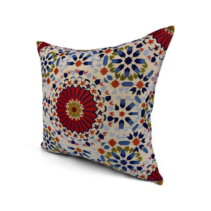 Evalier Crimson Mosaic pillow cover – angled front view, premium woven cushion highlighting intricate geometry and striking color contrast (45 × 45 cm / 18 × 18 in)