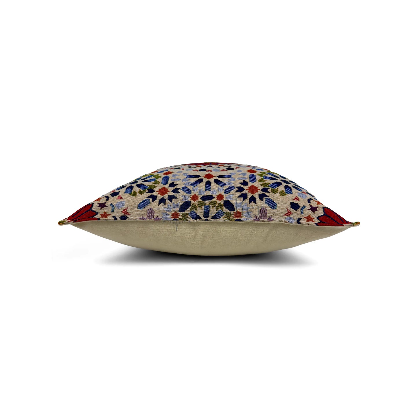 Evalier Crimson Mosaic pillow cover – side profile view, structured decorative pillow with defined shape and thickness (45 × 45 cm / 18 × 18 in)