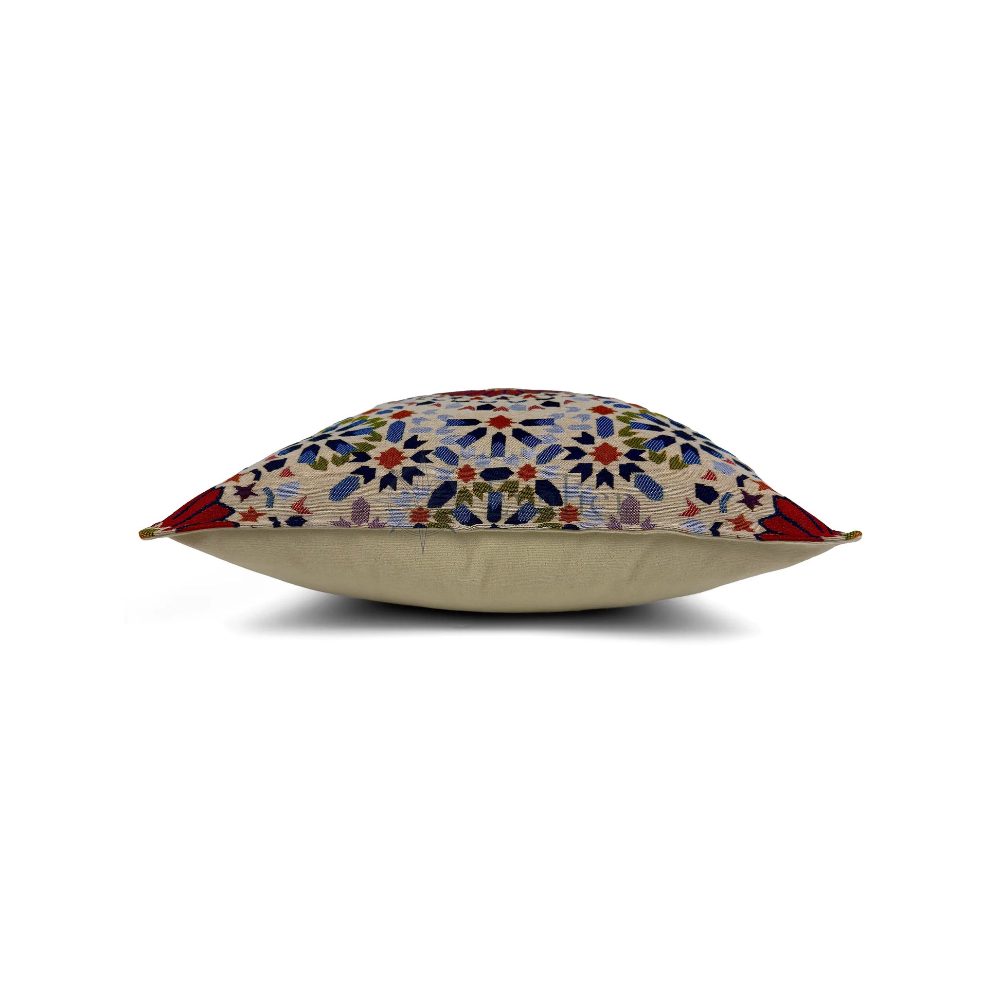 Evalier Crimson Mosaic pillow cover – side profile view, structured decorative pillow with defined shape and thickness (45 × 45 cm / 18 × 18 in)