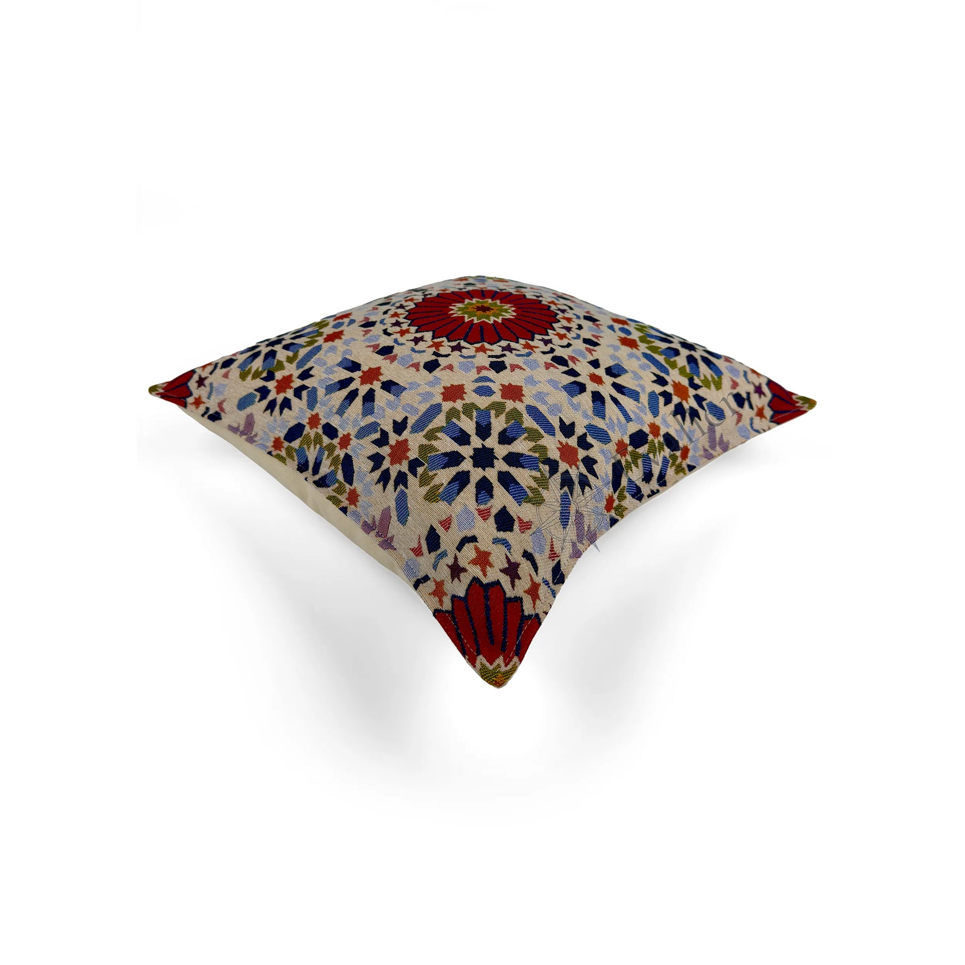 Evalier Crimson Mosaic pillow cover – top angled view, elegant cushion highlighting geometric complexity and dimensional form (45 × 45 cm / 18 × 18 in)
