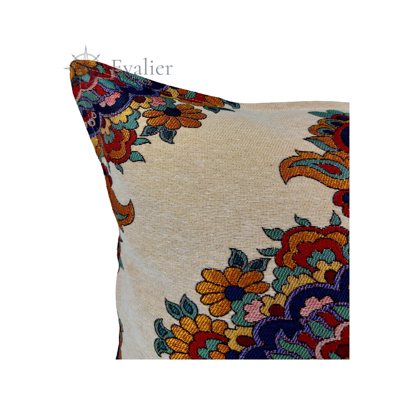 Evalier Saffron Rosette pillow cover – close-up detail, gobelin fabric showcasing detailed rosette pattern and fine texture (45 × 45 cm / 18 × 18 in)