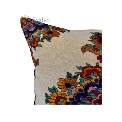 Evalier Saffron Rosette pillow cover – close-up detail, gobelin fabric showcasing detailed rosette pattern and fine texture (45 × 45 cm / 18 × 18 in)