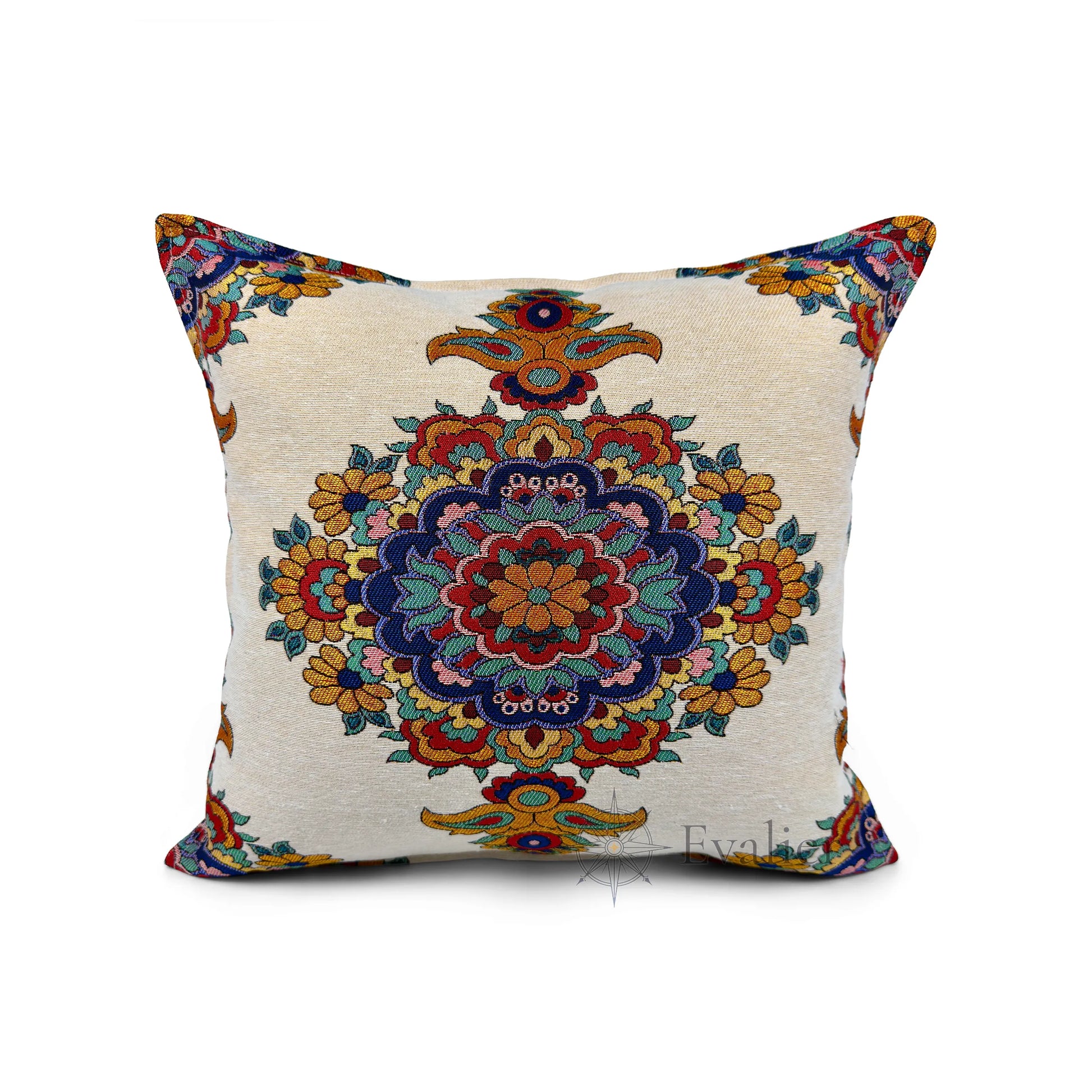 Evalier Saffron Rosette pillow cover – front view, luxury gobelin floral cushion cover featuring saffron tones and rosette-inspired pattern (45 × 45 cm / 18 × 18 in)