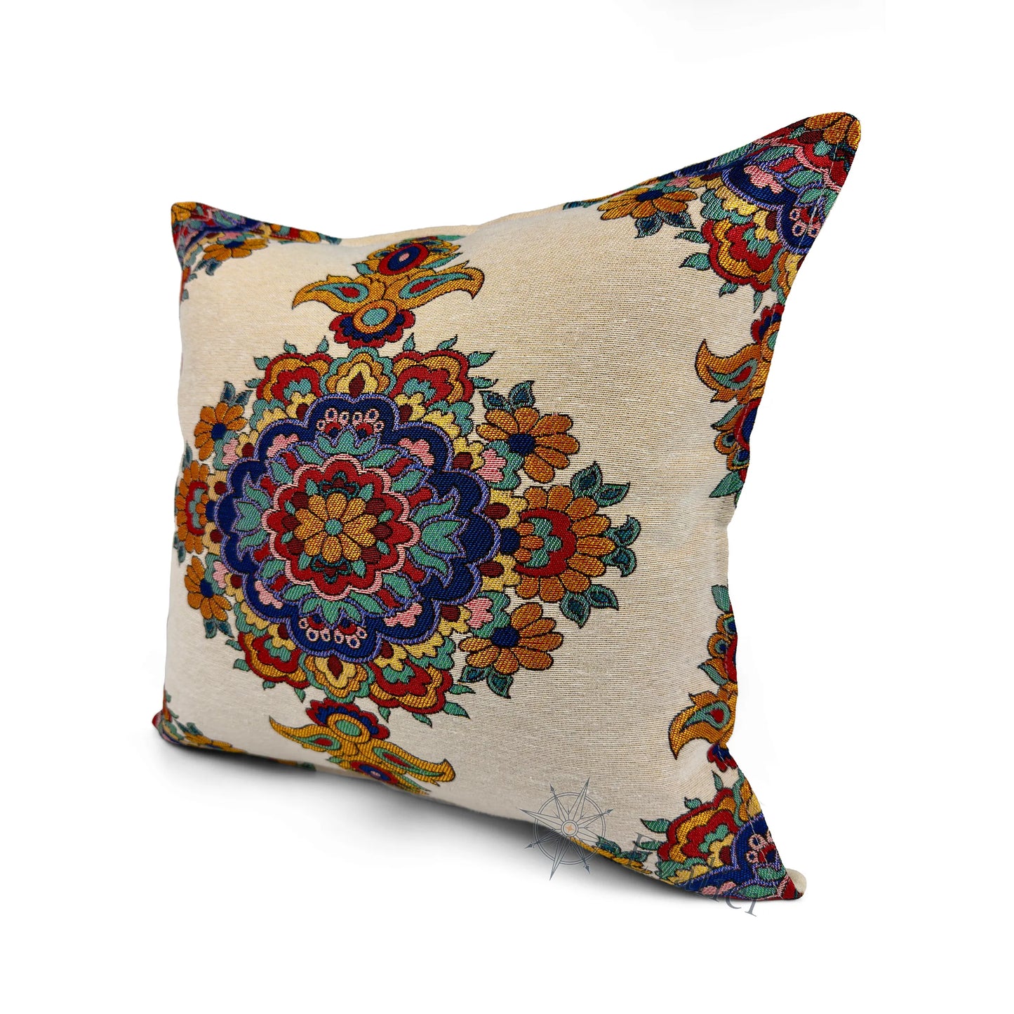Evalier Saffron Rosette pillow cover – angled front view, premium woven decorative pillow highlighting circular floral symmetry and warm hues (45 × 45 cm / 18 × 18 in)