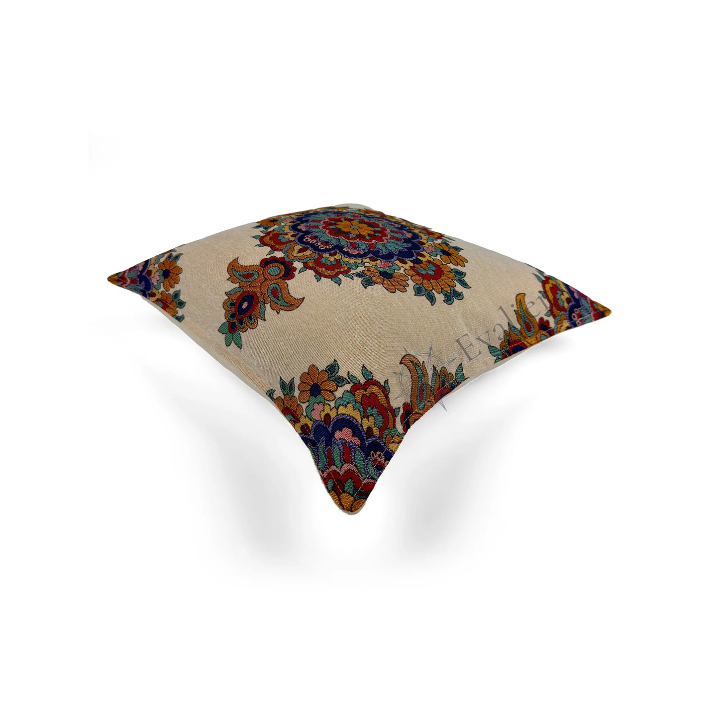 Evalier Saffron Rosette pillow cover – top angled view, decorative pillow emphasizing radial design and dimensional structure (45 × 45 cm / 18 × 18 in)