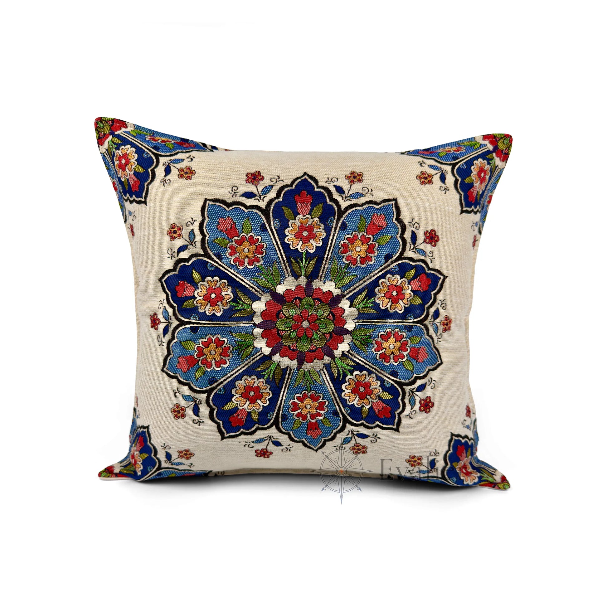 Evalier Ivory Bloom pillow cover – front view, luxury gobelin floral cushion cover featuring soft ivory tones and elegant botanical pattern for home decor (45 × 45 cm / 18 × 18 in)