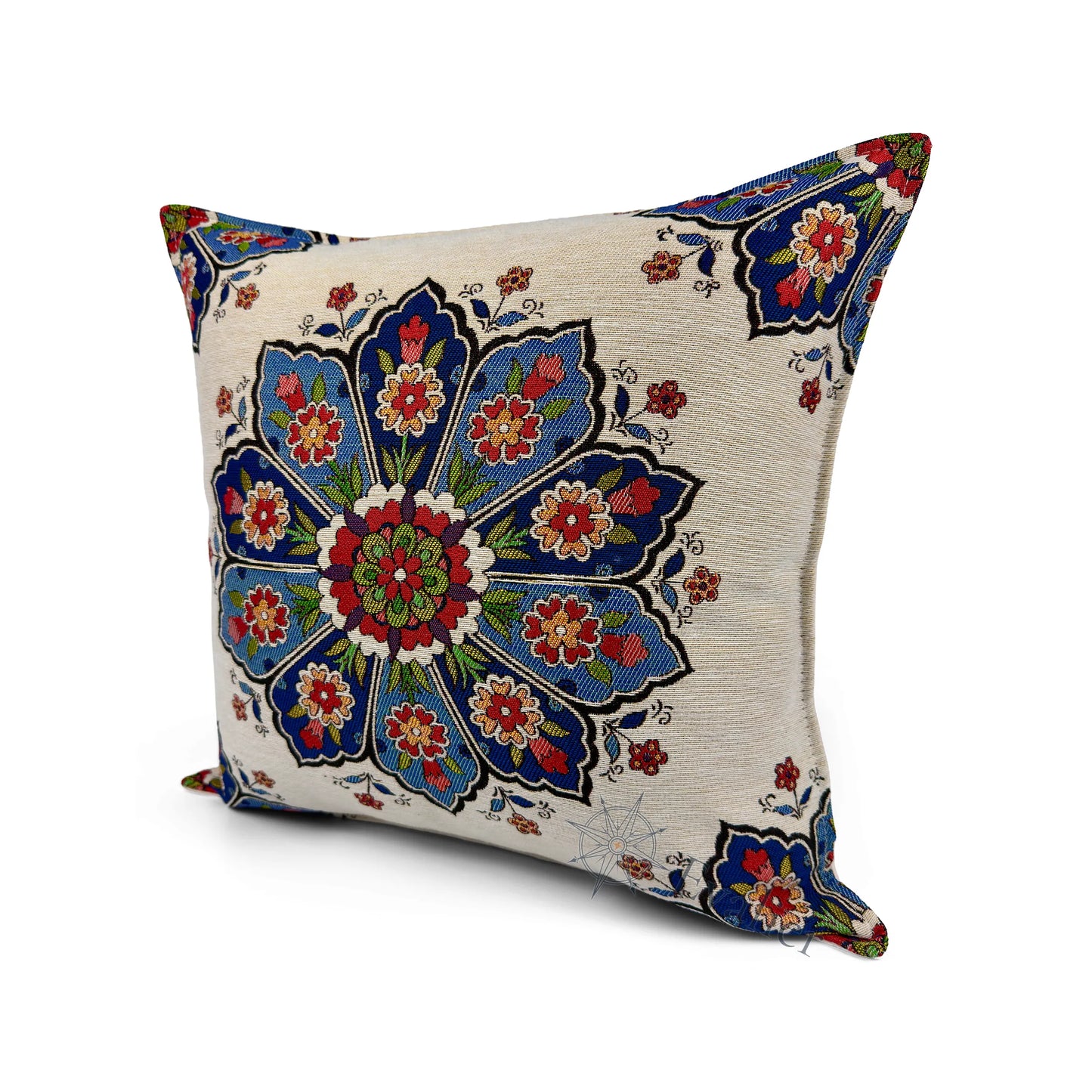Evalier Ivory Bloom pillow cover – angled front view, premium woven decorative pillow highlighting delicate floral arrangement and refined texture (45 × 45 cm / 18 × 18 in)
