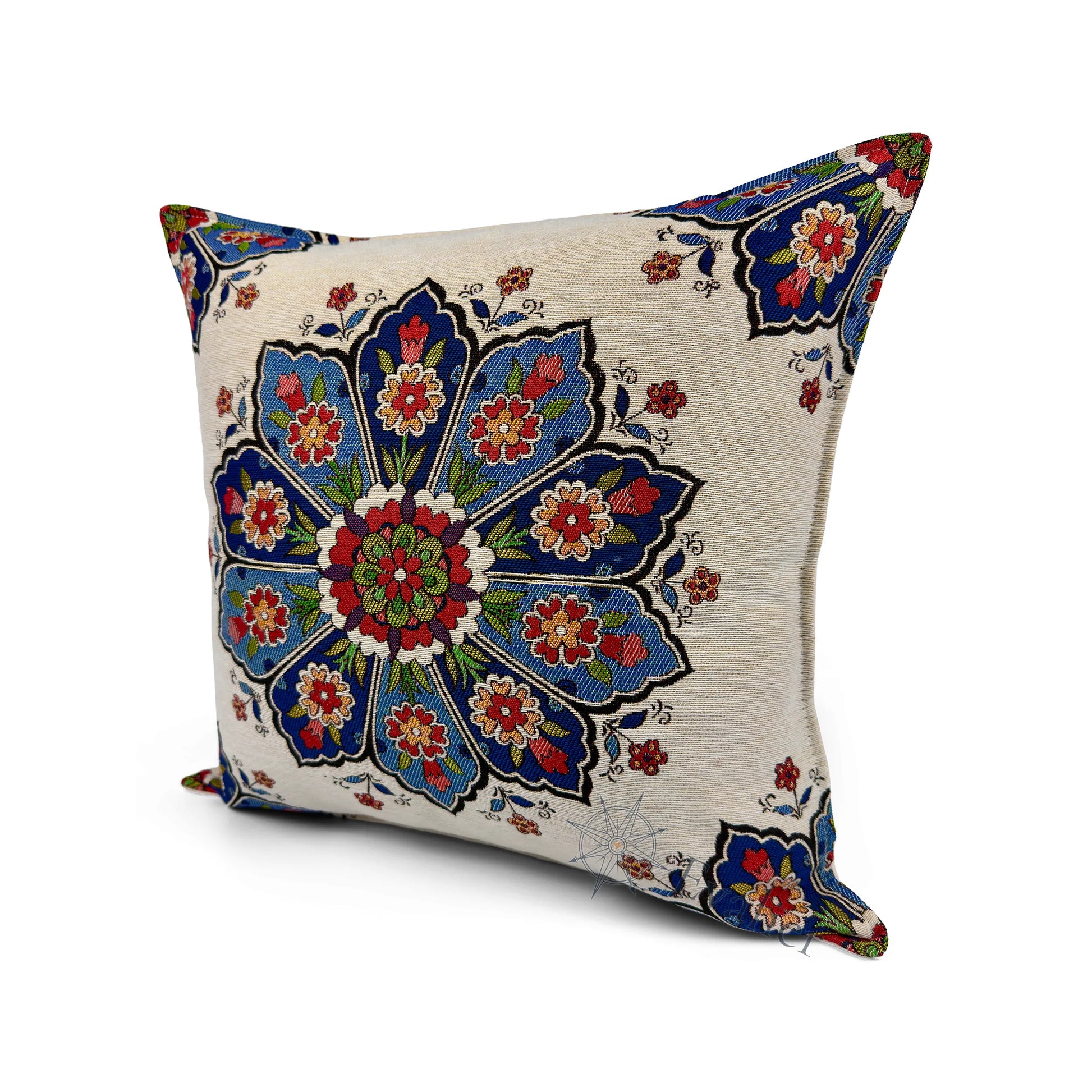 Evalier Ivory Bloom pillow cover – angled front view, premium woven decorative pillow highlighting delicate floral arrangement and refined texture (45 × 45 cm / 18 × 18 in)