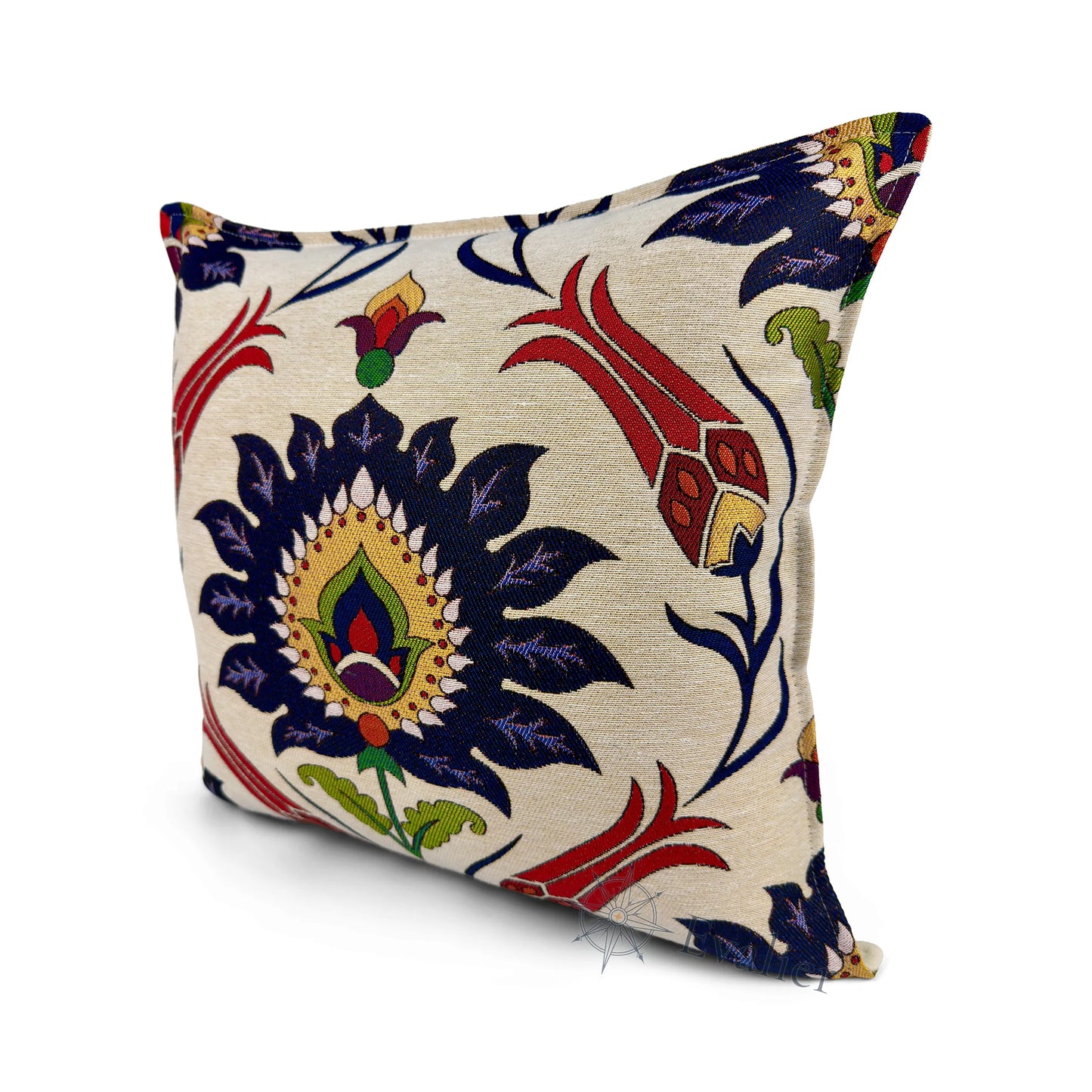 Evalier Sapphire Tulip pillow cover – angled front view, premium woven decorative pillow highlighting tulip-inspired design and refined color contrast (45 × 45 cm / 18 × 18 in)