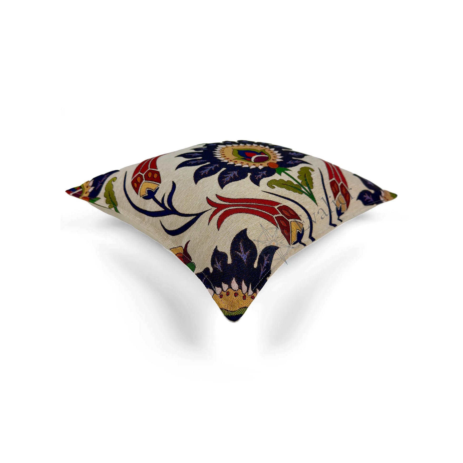 Evalier Lapis Tulip pillow cover – top angled view, decorative pillow emphasizing floral symmetry and dimensional woven design (45 × 45 cm / 18 × 18 in)