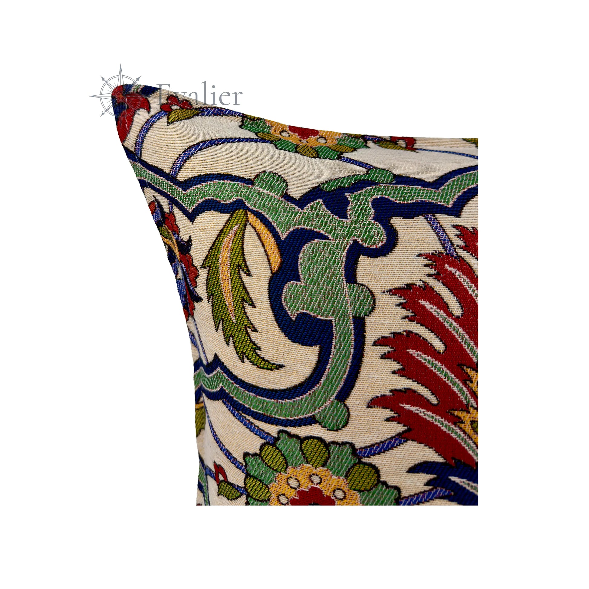 Evalier Verdant Crest pillow cover – close-up detail, gobelin fabric showcasing intricate weaving and vibrant color depth (45 × 45 cm / 18 × 18 in)