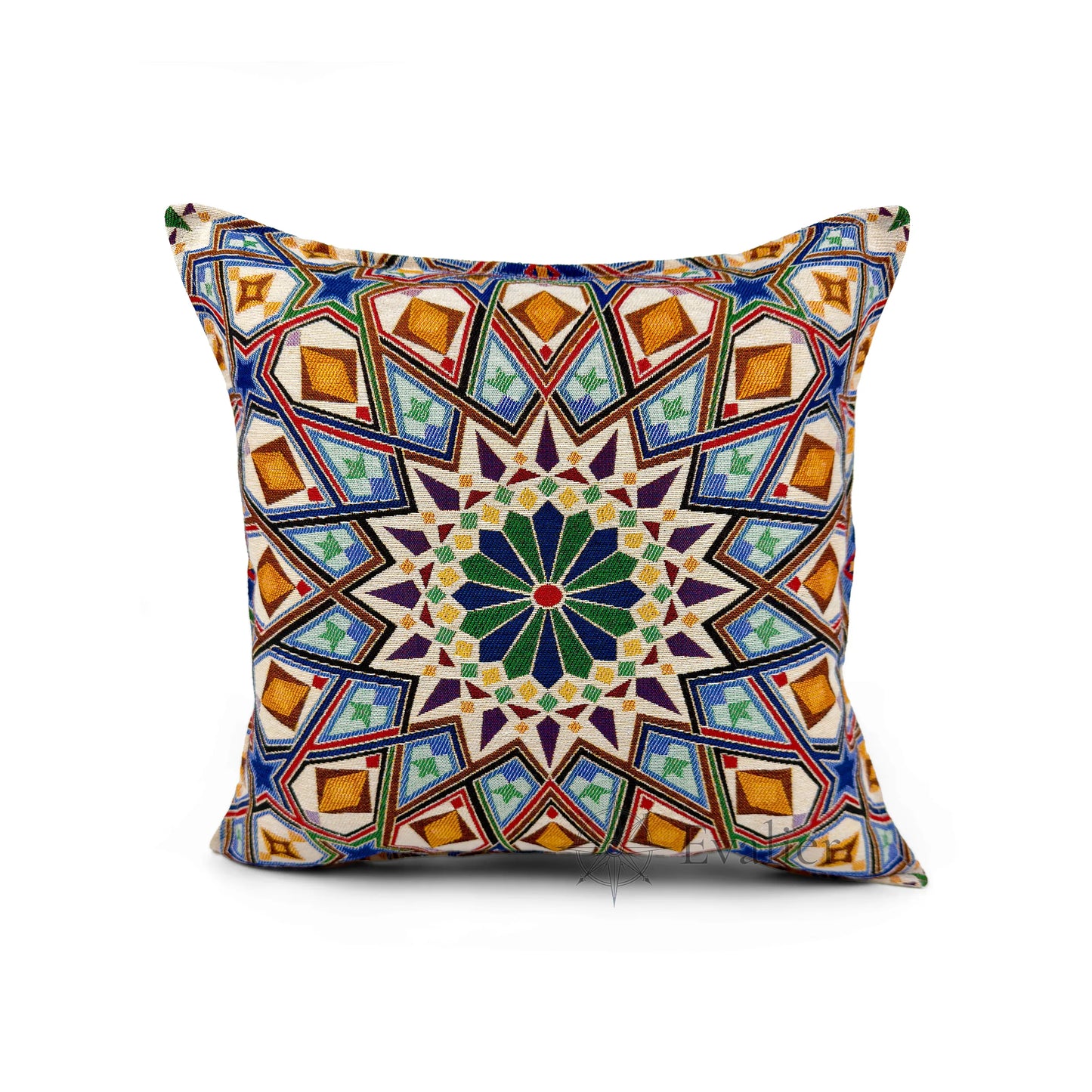 Evalier Celestial Mosaic pillow cover – front view, luxury gobelin tapestry cushion cover featuring intricate geometric mosaic pattern for refined home decor (45 × 45 cm / 18 × 18 in)