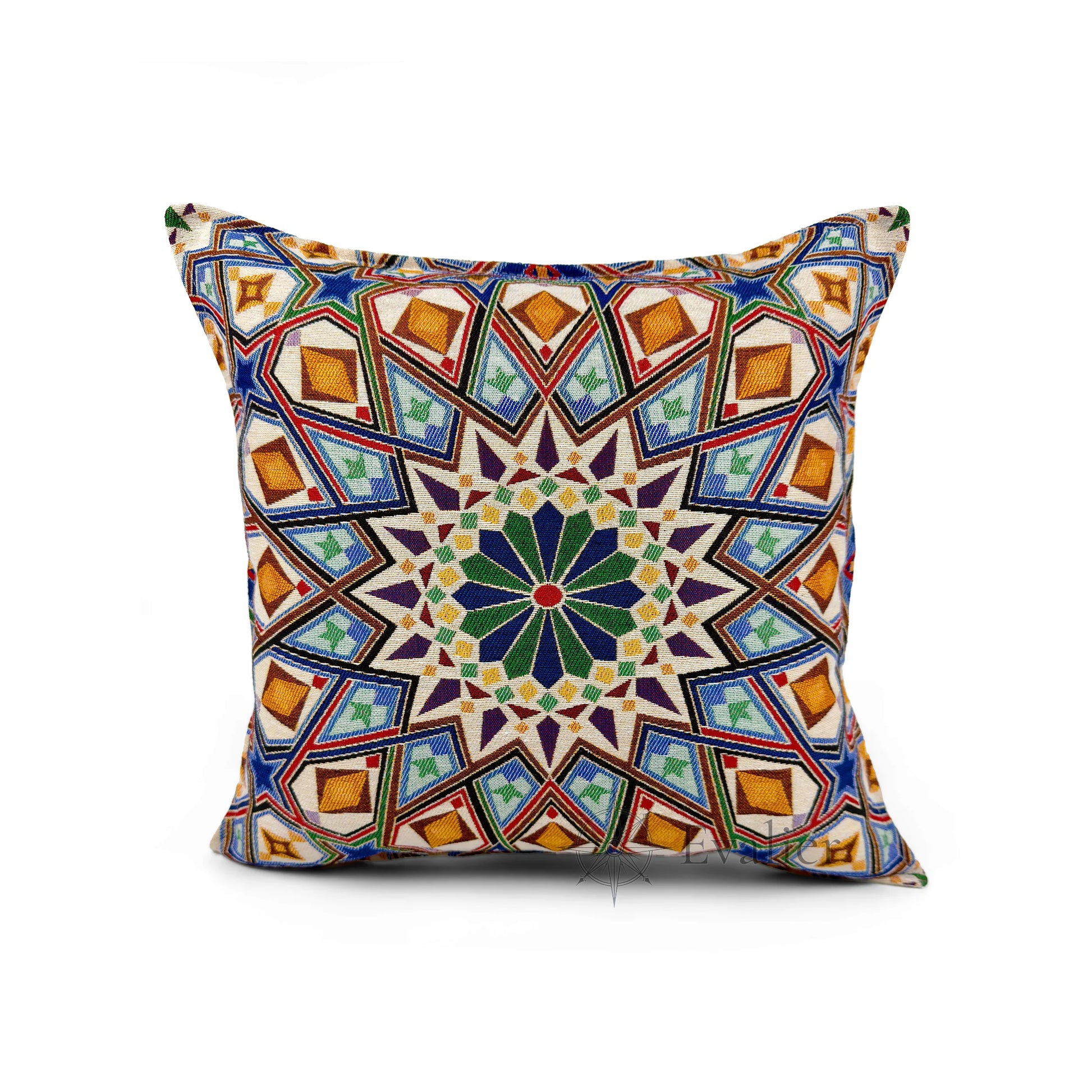 Evalier Celestial Mosaic pillow cover – front view, luxury gobelin tapestry cushion cover featuring intricate geometric mosaic pattern for refined home decor (45 × 45 cm / 18 × 18 in)
