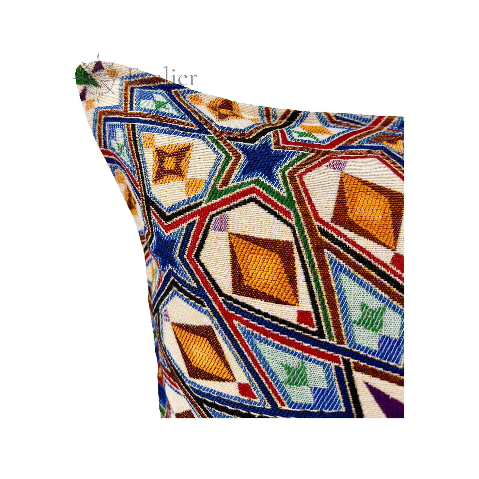 Evalier Celestial Mosaic pillow cover – close-up detail, gobelin fabric texture highlighting precision weaving and complex geometric pattern (45 × 45 cm / 18 × 18 in)