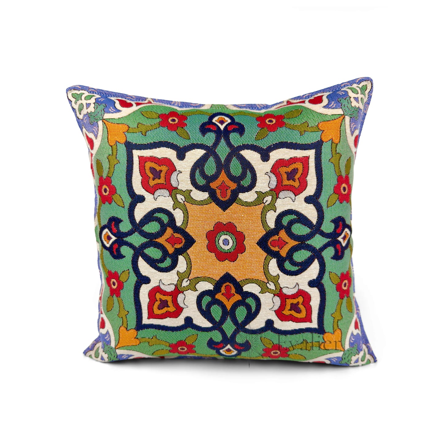 Evalier Emerald Courtyard pillow cover – front view, luxury gobelin tapestry cushion cover featuring green-toned geometric courtyard-inspired design (45 × 45 cm / 18 × 18 in)