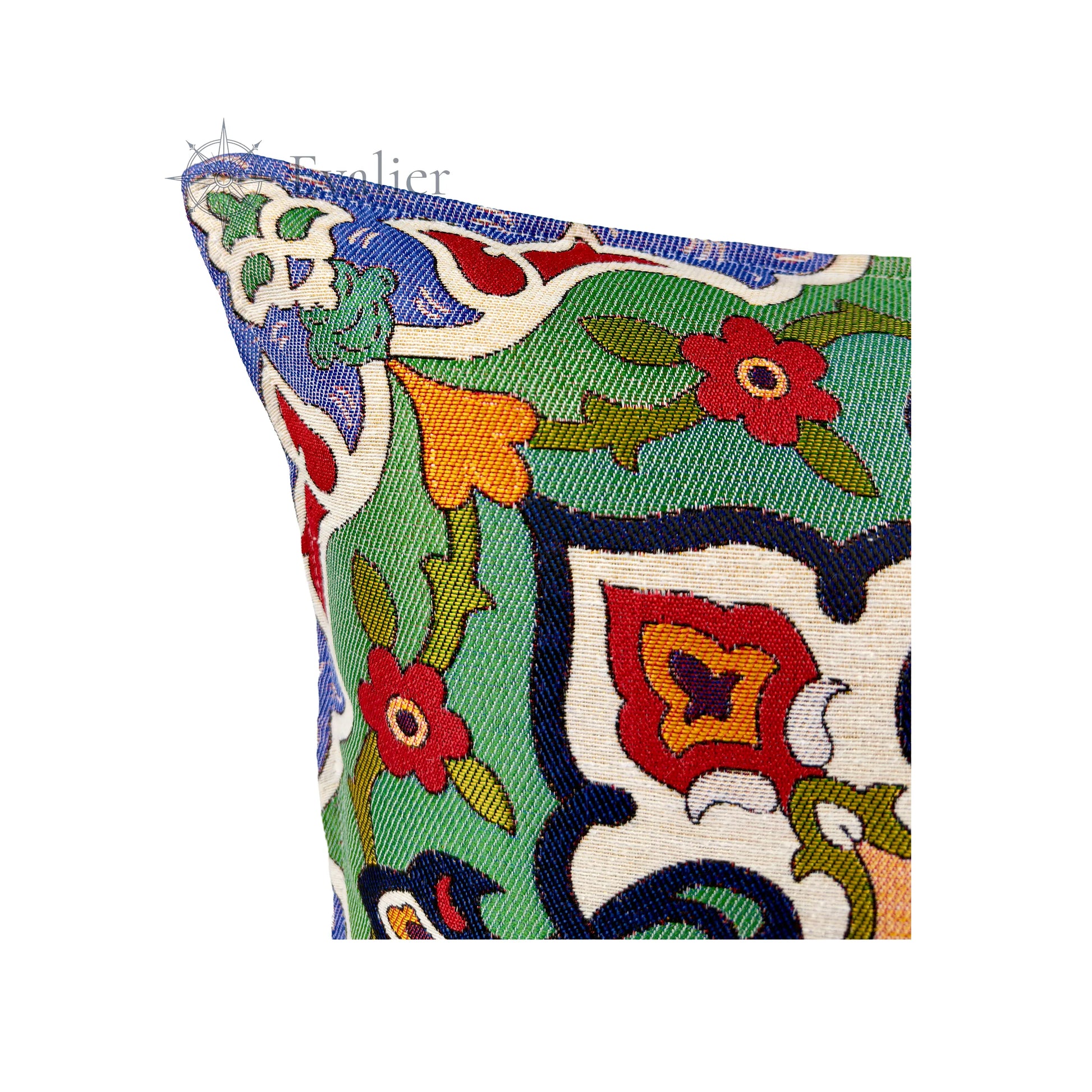 Evalier Emerald Courtyard pillow cover – close-up detail, gobelin fabric showcasing detailed geometric weaving and texture clarity (45 × 45 cm / 18 × 18 in)