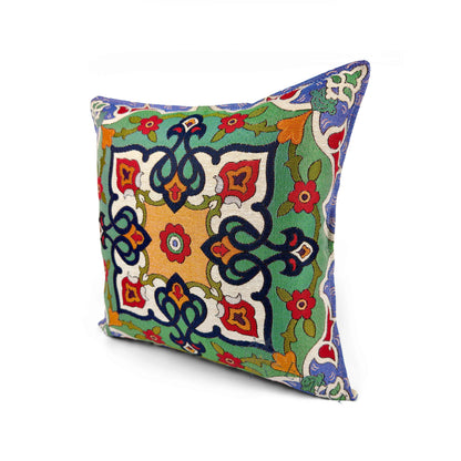 Evalier Emerald Courtyard pillow cover – angled front view, premium woven decorative pillow highlighting geometric symmetry and rich green palette (45 × 45 cm / 18 × 18 in)