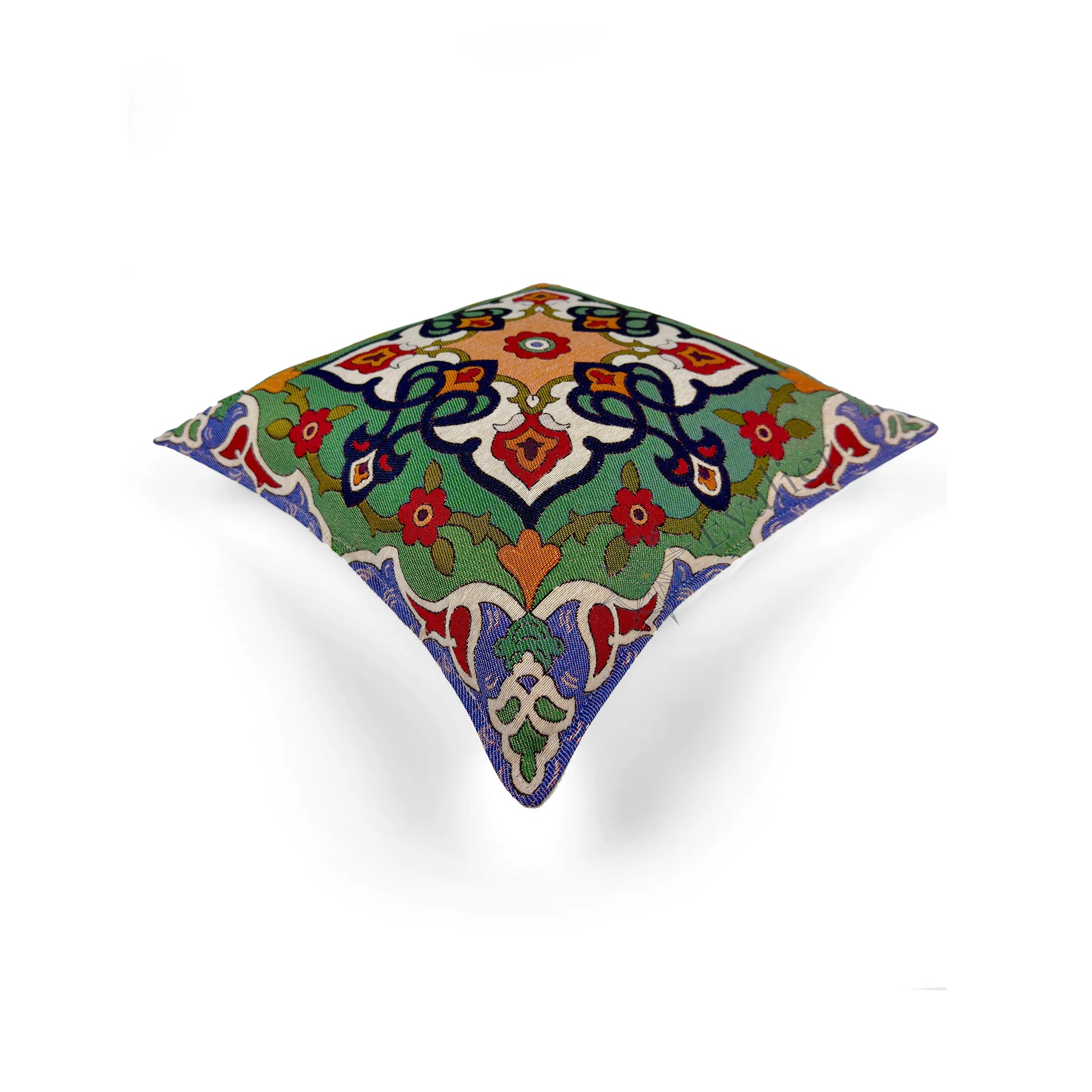 Evalier Emerald Courtyard pillow cover – top angled view, decorative pillow emphasizing geometric depth and dimensional design (45 × 45 cm / 18 × 18 in)