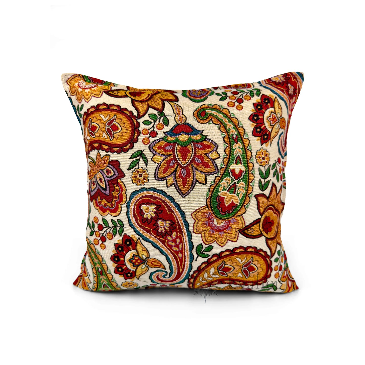 Evalier Amber Garden pillow cover – front view, luxury gobelin floral cushion cover featuring warm amber tones and classic botanical design (45 × 45 cm / 18 × 18 in)