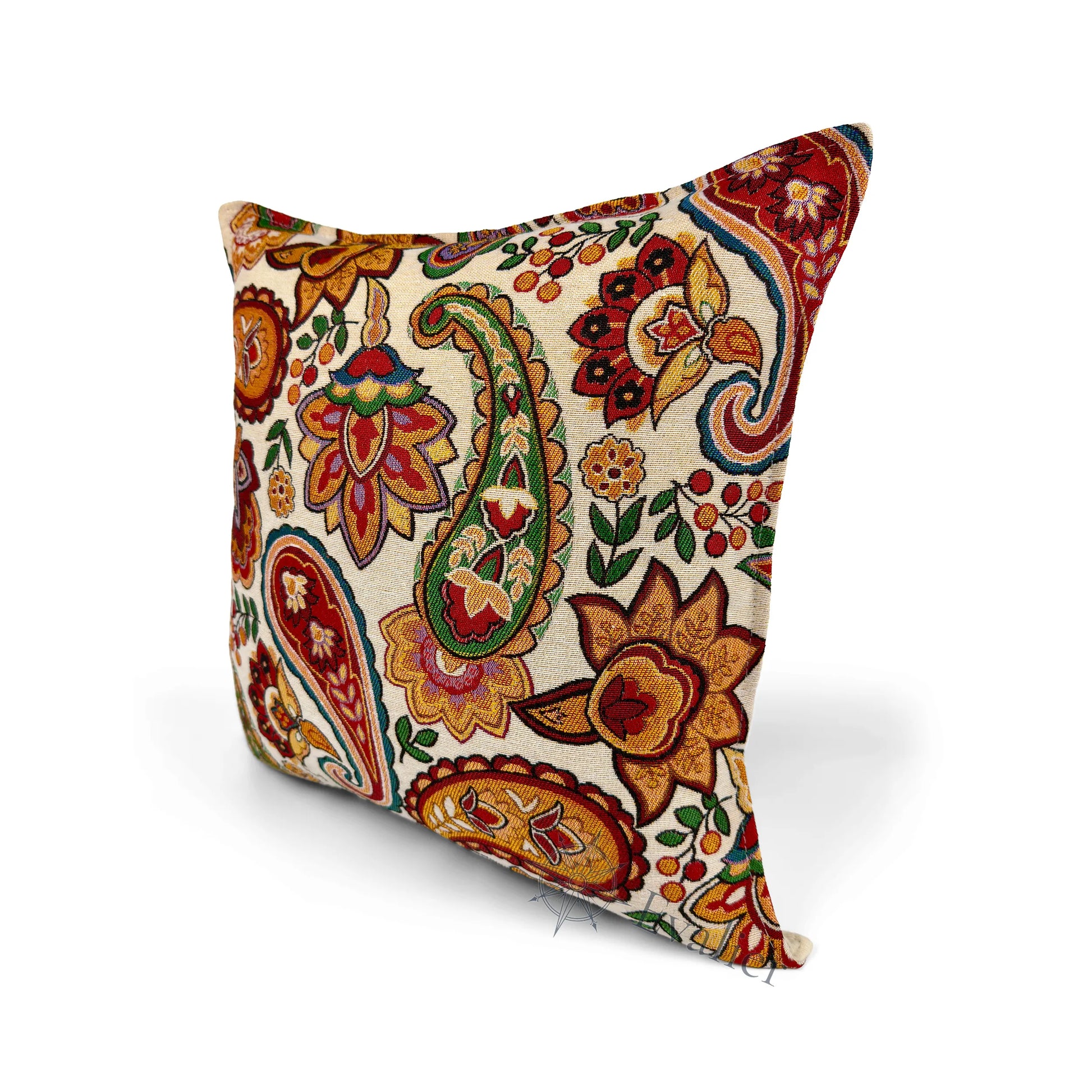 Evalier Amber Garden pillow cover – angled front view, premium woven decorative pillow highlighting warm color palette and elegant floral composition (45 × 45 cm / 18 × 18 in)