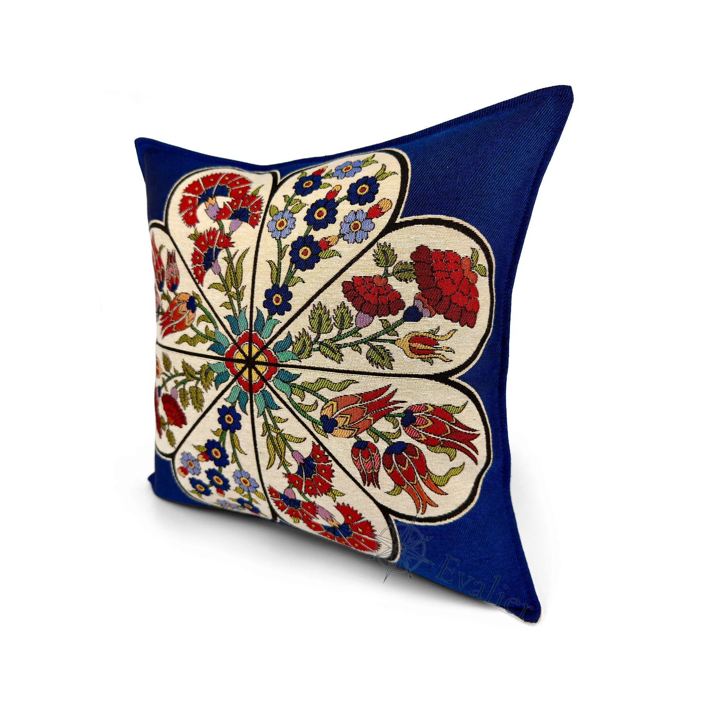 Evalier Sapphire Garden pillow cover – angled front view, premium gobelin woven cushion cover highlighting intricate floral pattern and rich texture for sophisticated interior styling (45 × 45 cm / 18 × 18 in)