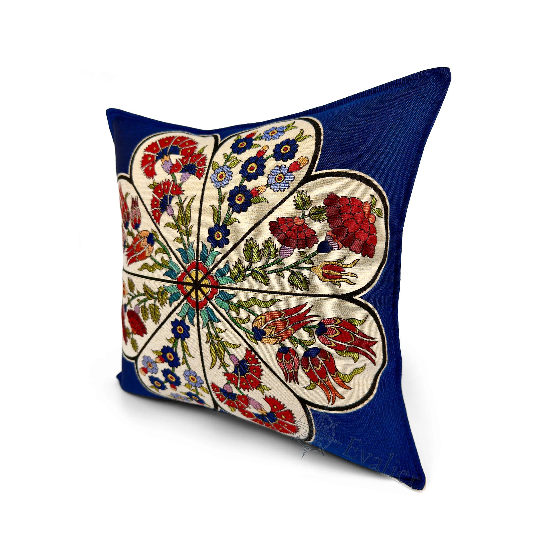 Evalier Sapphire Garden pillow cover – angled front view, premium gobelin woven cushion cover highlighting intricate floral pattern and rich texture for sophisticated interior styling (45 × 45 cm / 18 × 18 in)