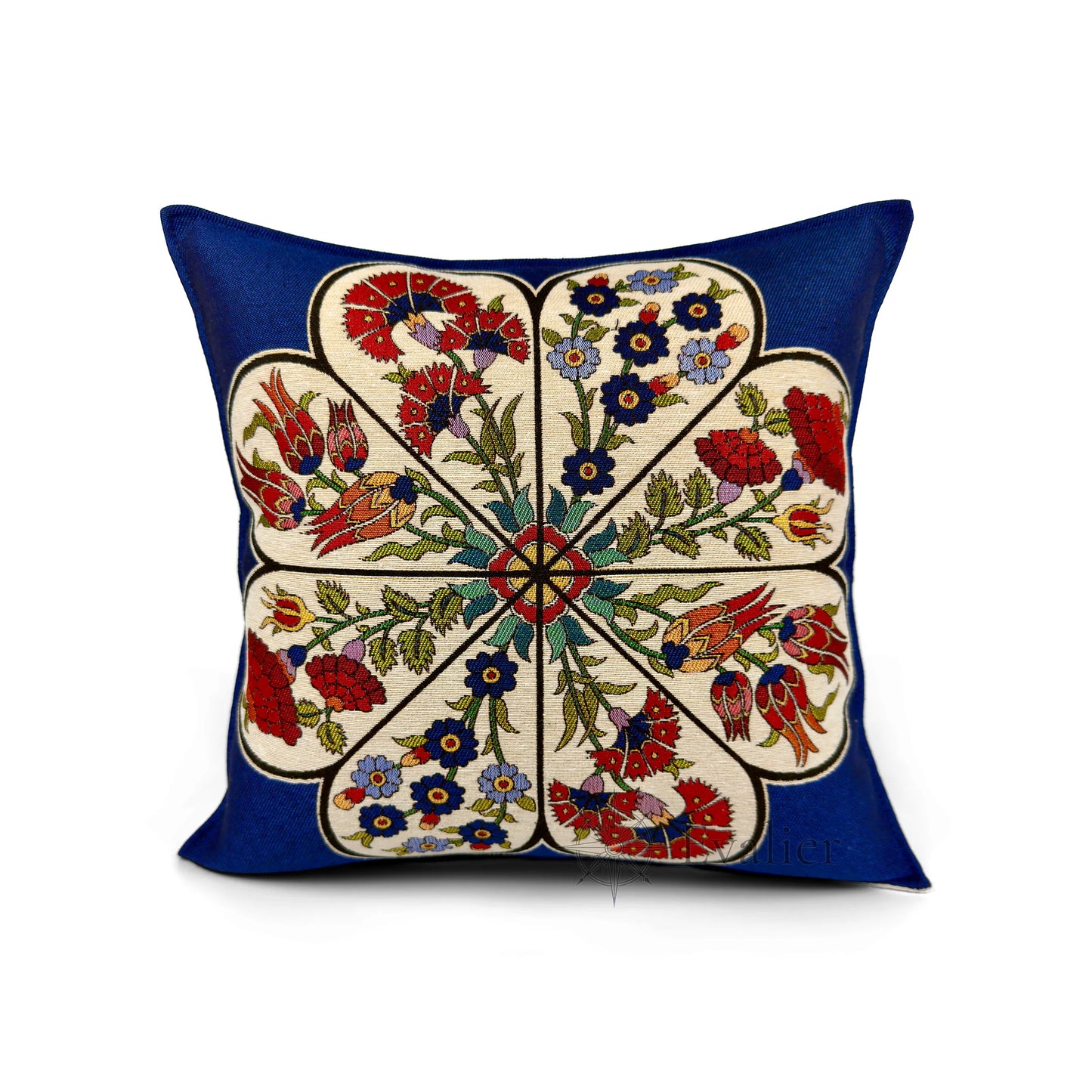 Evalier Sapphire Garden pillow cover – front view, luxury gobelin tapestry decorative cushion cover for elegant home decor featuring heritage-inspired floral medallion motif (45 × 45 cm / 18 × 18 in)