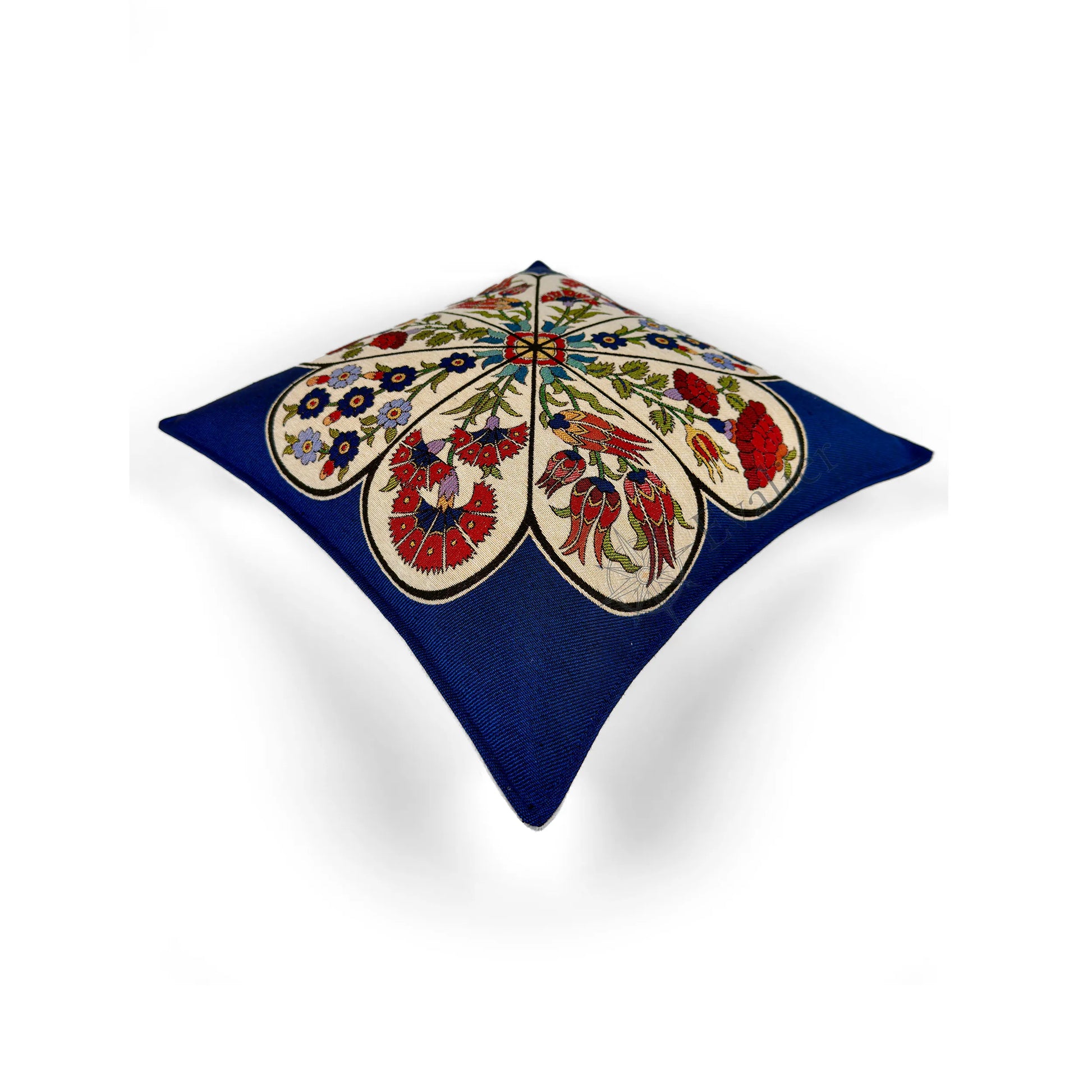 Evalier Sapphire Garden pillow cover – top angled view, luxury decorative pillow cover emphasizing dimensional shape, elegant structure, and detailed woven design (45 × 45 cm / 18 × 18 in)