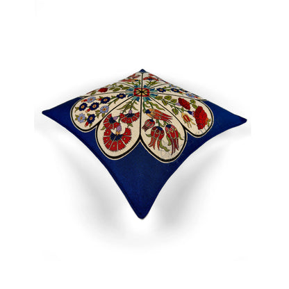Evalier Sapphire Garden pillow cover – top angled view, luxury decorative pillow cover emphasizing dimensional shape, elegant structure, and detailed woven design (45 × 45 cm / 18 × 18 in)