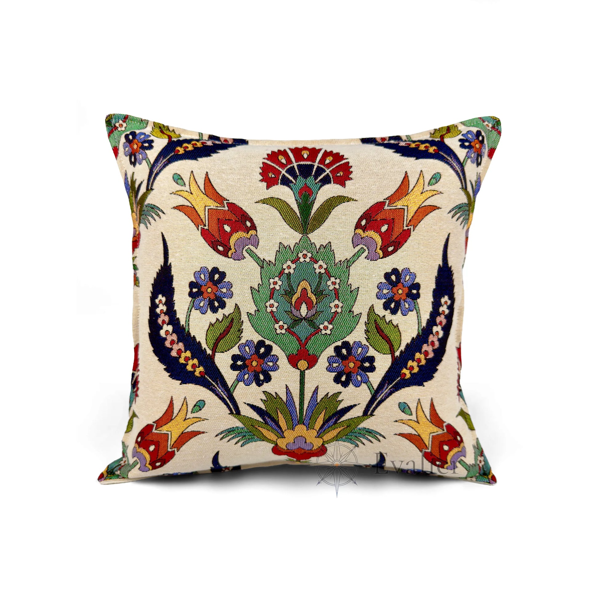 Evalier Tulip Court pillow cover – front view, luxury gobelin floral cushion cover featuring elegant tulip motif and balanced composition for refined home decor (45 × 45 cm / 18 × 18 in)