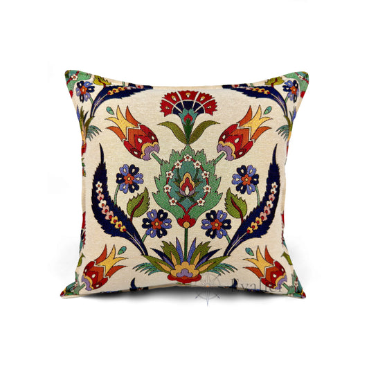 Evalier Tulip Court pillow cover – front view, luxury gobelin floral cushion cover featuring elegant tulip motif and balanced composition for refined home decor (45 × 45 cm / 18 × 18 in)