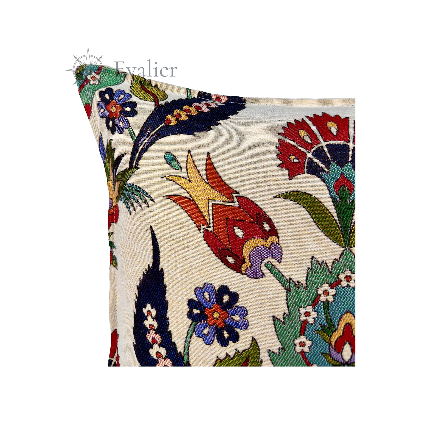 Evalier Tulip Court pillow cover – close-up detail, gobelin fabric showing intricate floral weaving and texture precision (45 × 45 cm / 18 × 18 in)