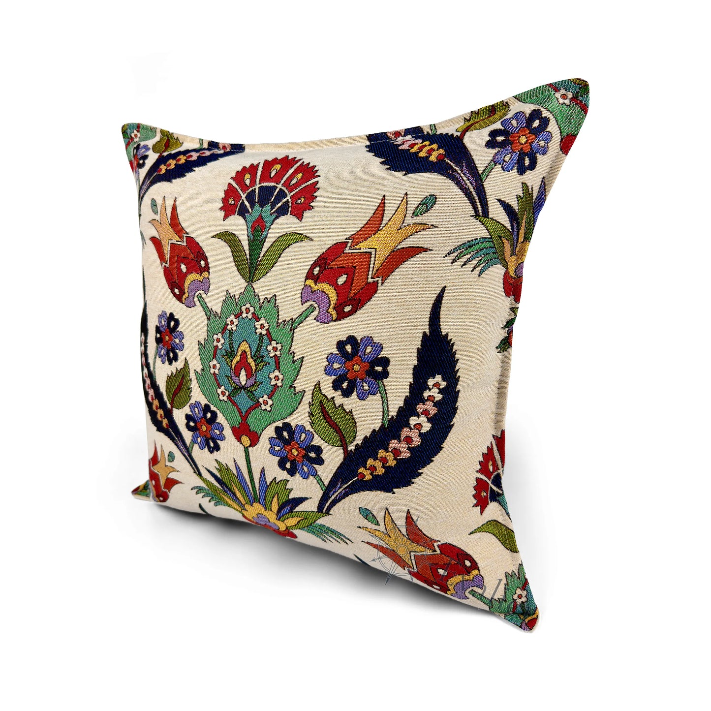 Evalier Tulip Court pillow cover – angled front view, premium woven decorative pillow highlighting floral symmetry and classic ornamental style (45 × 45 cm / 18 × 18 in)