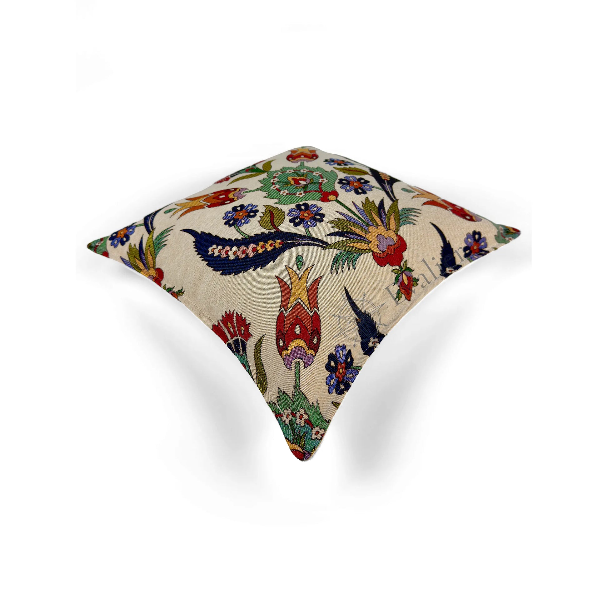 Evalier Tulip Court pillow cover – top angled view, decorative pillow emphasizing elegant floral layout and dimensional structure (45 × 45 cm / 18 × 18 in)