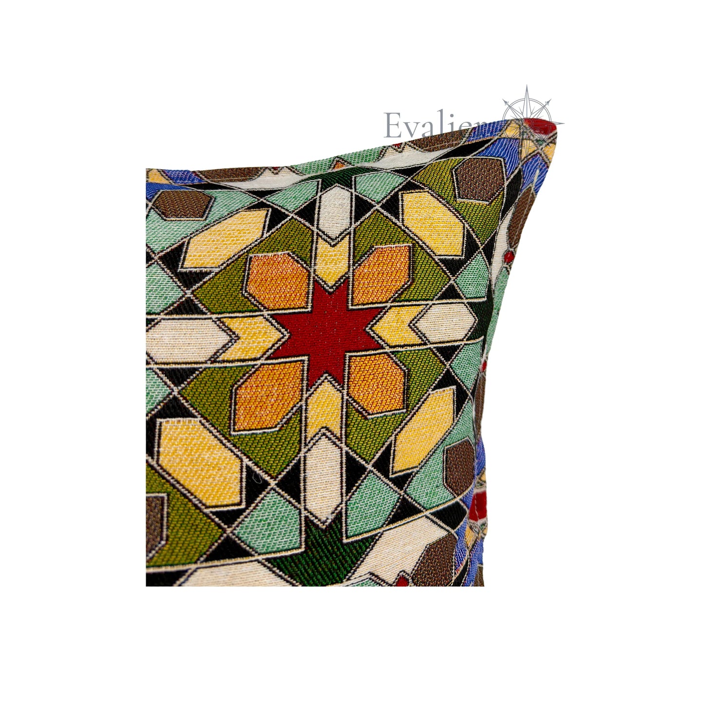 Evalier Courtyard Mosaic pillow cover – close-up detail, gobelin fabric showcasing precise geometric weaving and rich texture (45 × 45 cm / 18 × 18 in)