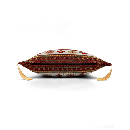 Evalier Pomegranate pillow cover – side profile with hidden zipper, Heritage Kilim woven decorative cushion cover showing closure detail, tailored construction, and corner tassels (45 × 45 cm / 18 × 18 in)