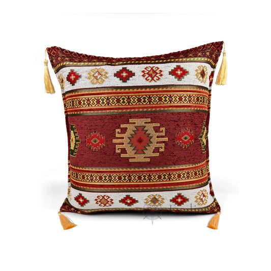 Evalier Ivory pillow cover – front view, Heritage Kilim woven decorative cushion cover with kilim-inspired motif and corner tassels (45 × 45 cm / 18 × 18 in)