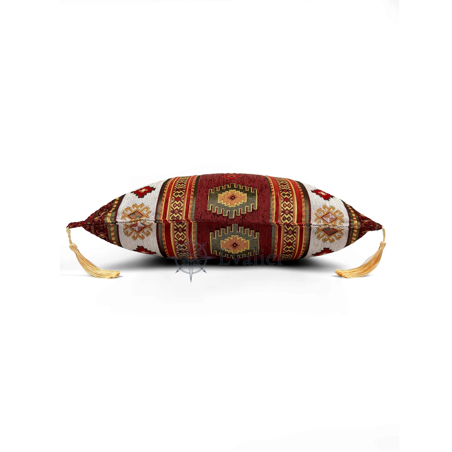 Evalier Ivory pillow cover – side profile view, Heritage Kilim woven decorative cushion cover showing thickness, structured silhouette, and refined shape (45 × 45 cm / 18 × 18 in)