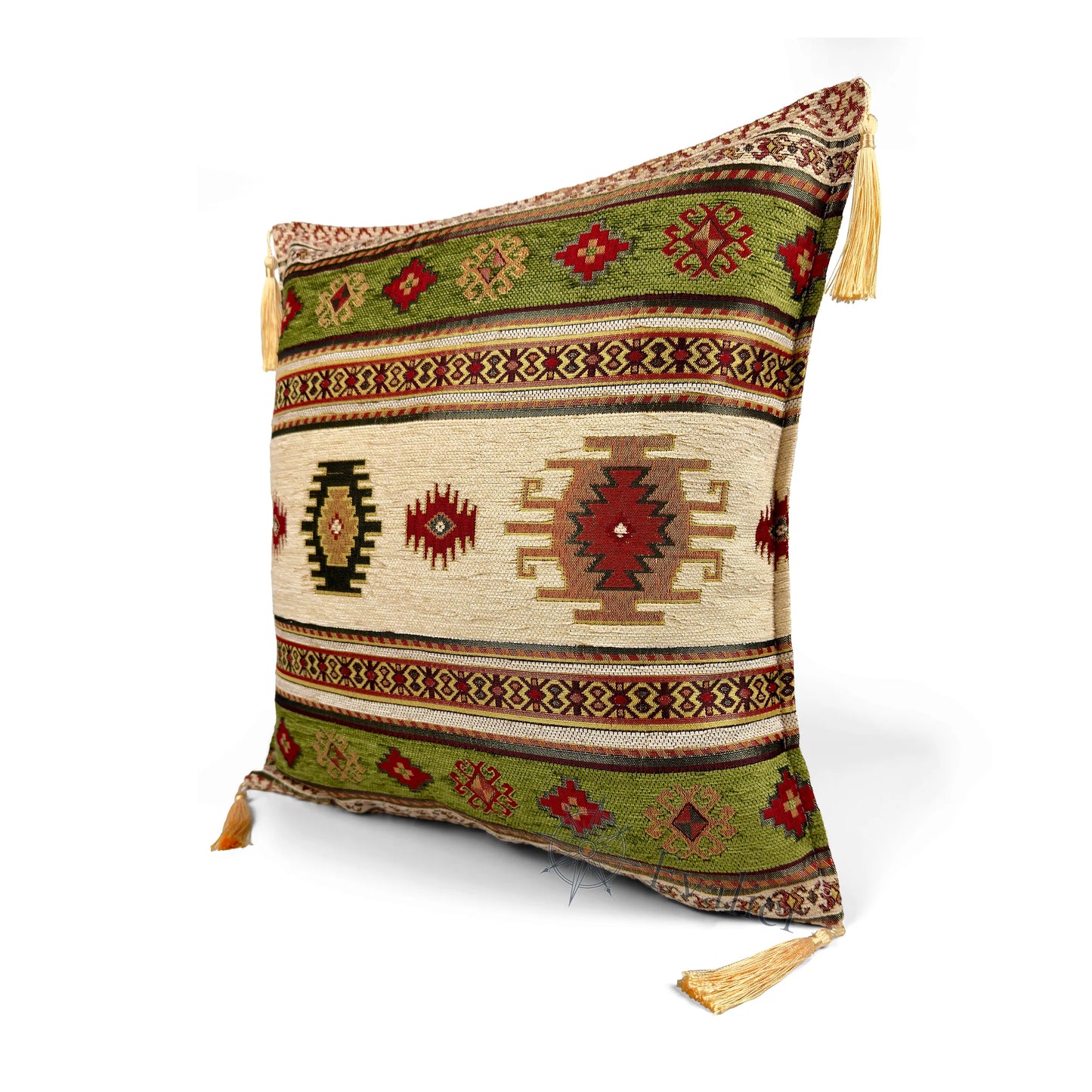 Evalier Sage pillow cover – angled front view, Heritage Kilim woven decorative cushion cover highlighting the kilim-inspired motif, textured fabric, and elegant corner tassels (45 × 45 cm / 18 × 18 in)