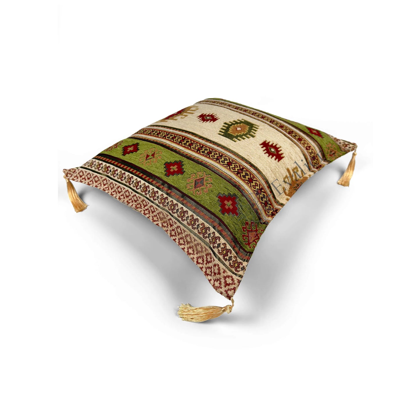 Evalier Sage pillow cover – top angled view, Heritage Kilim woven decorative cushion cover showing overall shape, dimensional form, and kilim-inspired woven design (45 × 45 cm / 18 × 18 in)