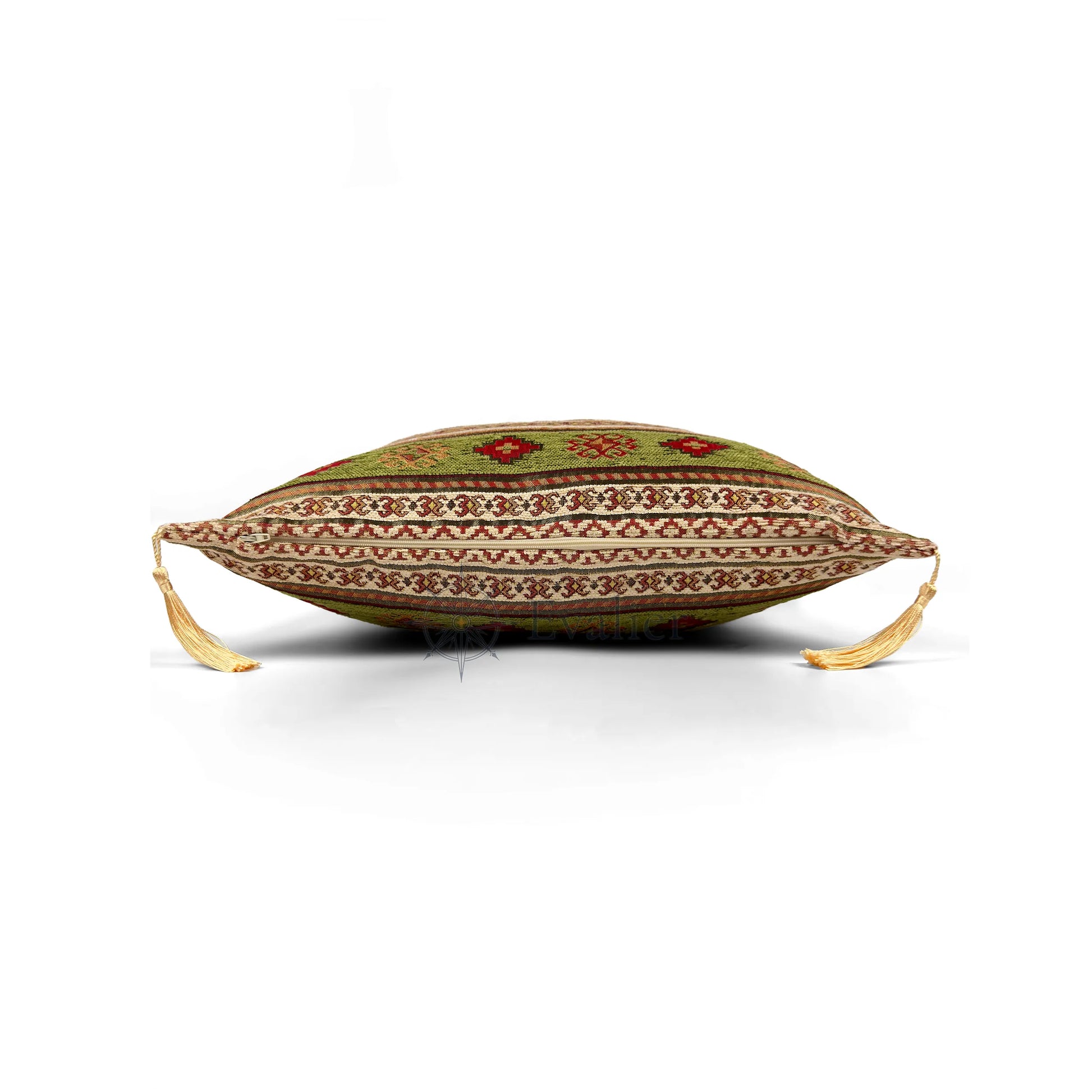 Evalier Sage pillow cover – side profile with hidden zipper, Heritage Kilim woven decorative cushion cover showing closure detail, tailored construction, and corner tassels (45 × 45 cm / 18 × 18 in)